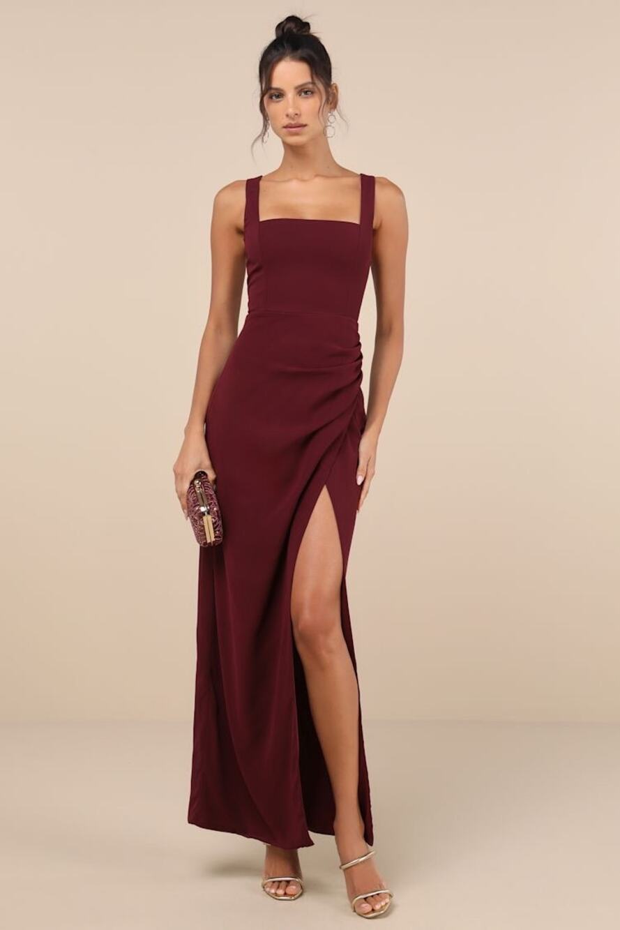 NWT Lulus Glamorous Disposition Burgundy Ruched Maxi Dress Bridesmaid Gala Sz M